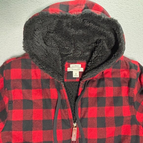 LL Bean Relaxed Fit Flannel Shacket Sherpa Lined Red/Black Plaid Hoodie Medium - Picture 1 of 12